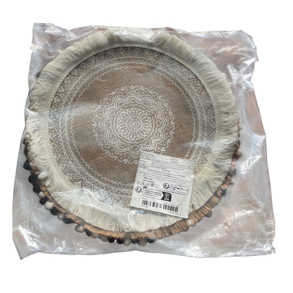 Boho Round Jute Cotton Placemats Set of 4 Mandala Geometric Fringe Pom Pom 15"
